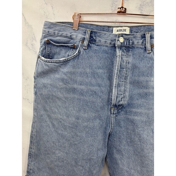 Agolde 90s Denim Shorts Marquee Blue Womens Size 34 Raw Hem long Retro High rise - Picture 11 of 16